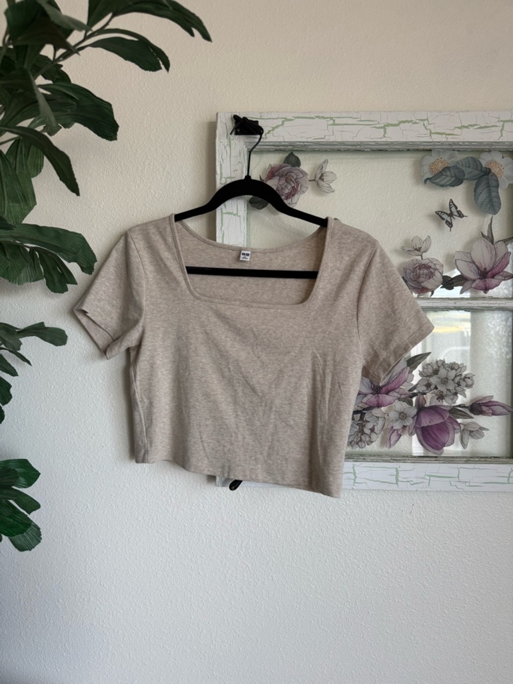 Uniqlo Neutral Beige Square Neck Crop Tee